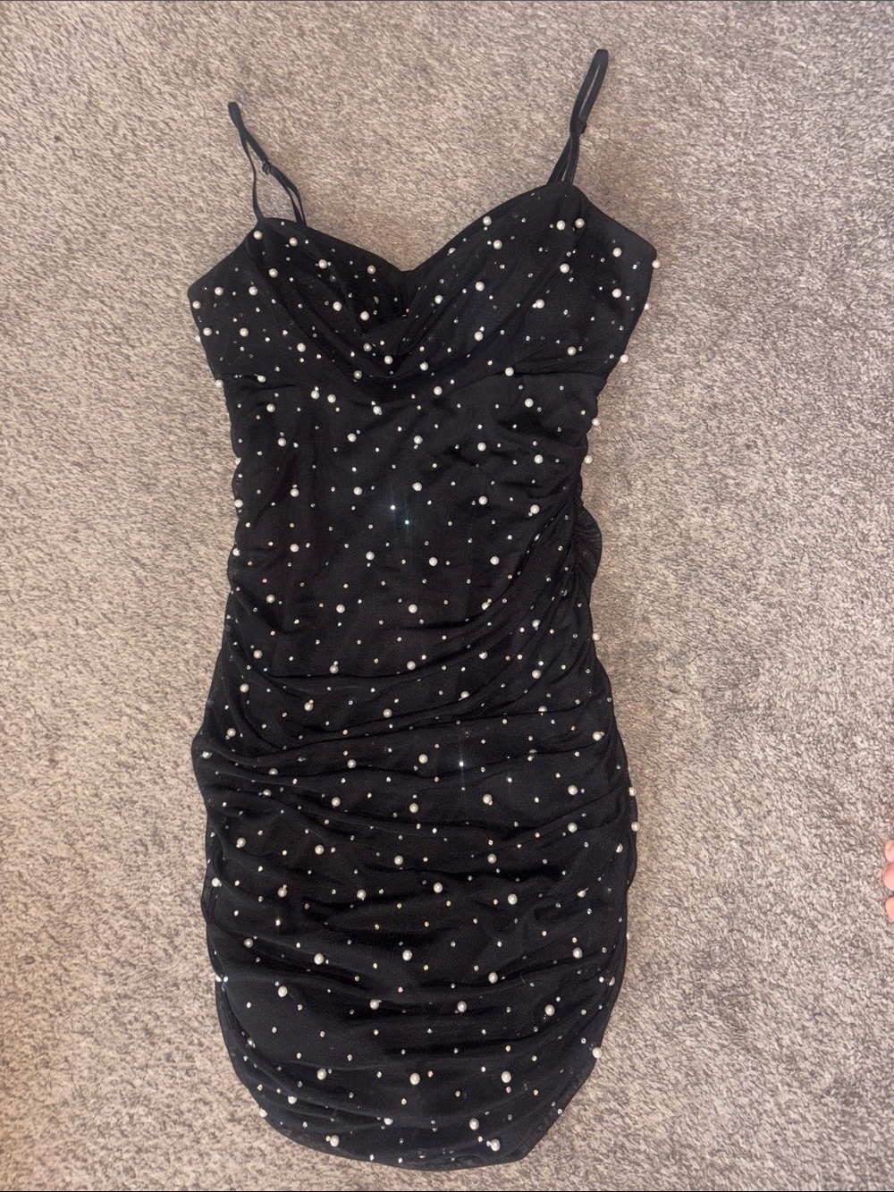 Emerald Sundae Black Pearl-Studded Ruched Mini Dress